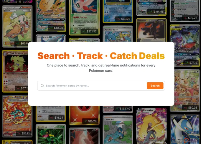 Pokemon card price tracking app interface showing price alerts and card scanner features